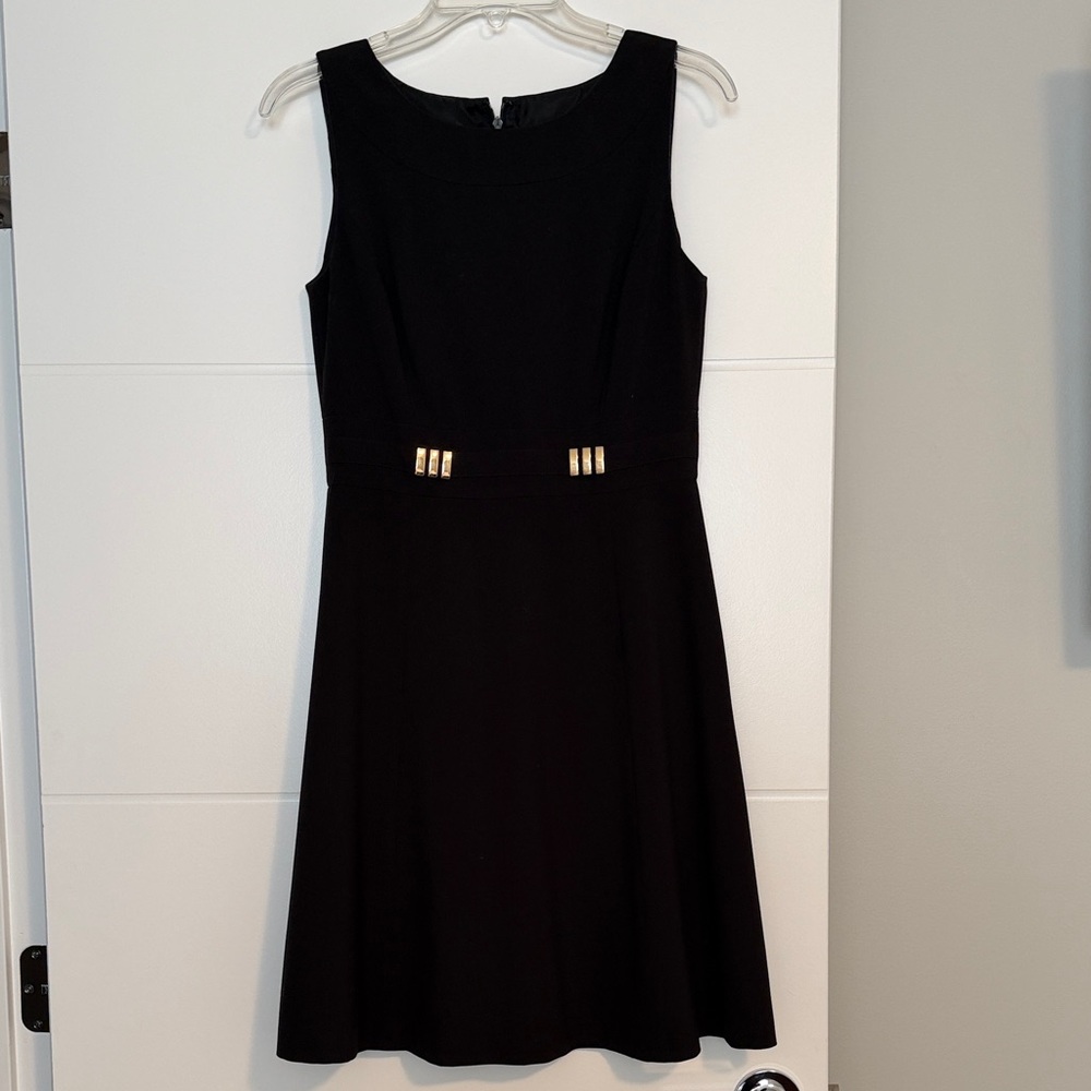 Black Sleeveless Midi Dress with Gold Waist Accents